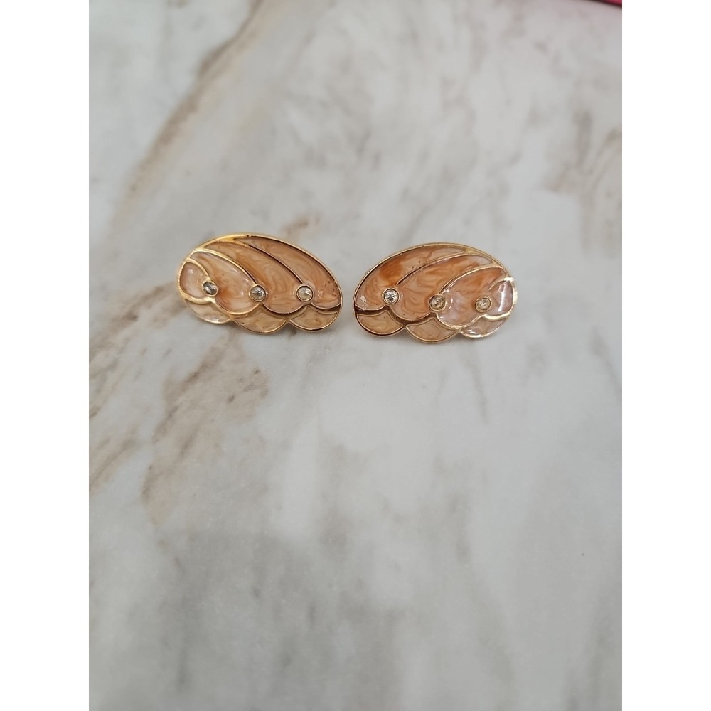 VTG KJL For Avon Papillon Butterfly Peach Enamel Wing Gold Tone Cluo On Earrings